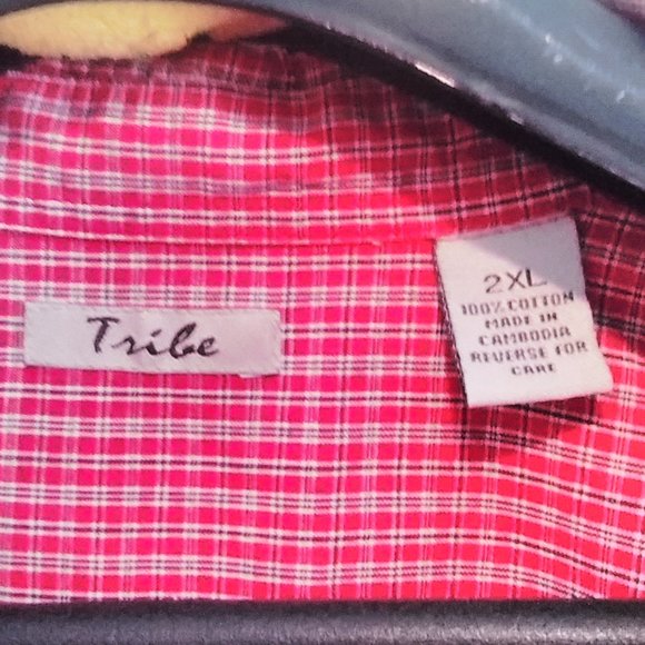 Tribe Men's Big & Tall Button Down Red Gingham Pattern - Picture 2 of 5